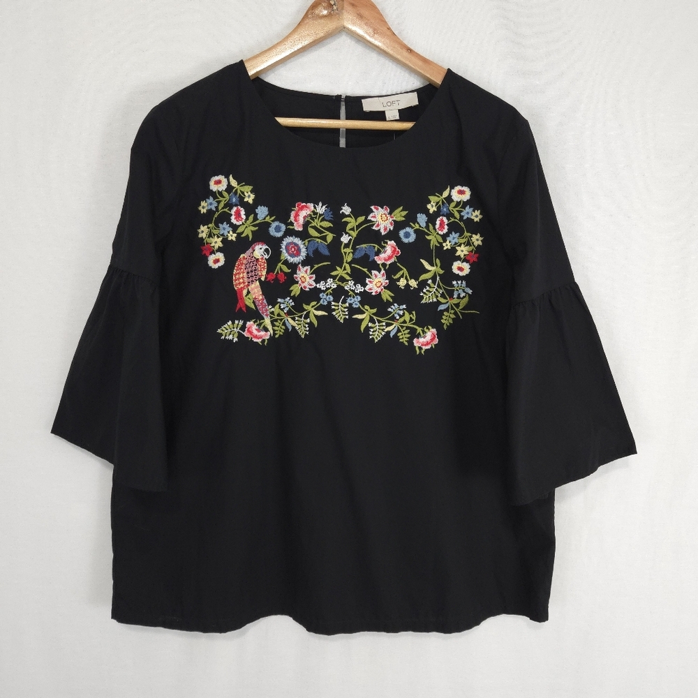 Loft Women's Poplin Boho Embroidered Bell Sleeve Top